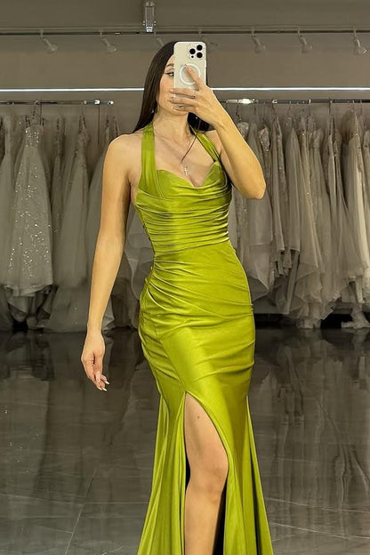 edgynewlook Simple Sage Satin Halter Sleeveless Strapless Long Pleated Prom Dress with Split