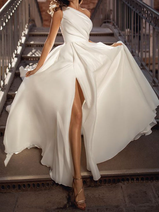 A-Line/Princess One-Shoulder Floor-Length Wedding Dress With Split Side