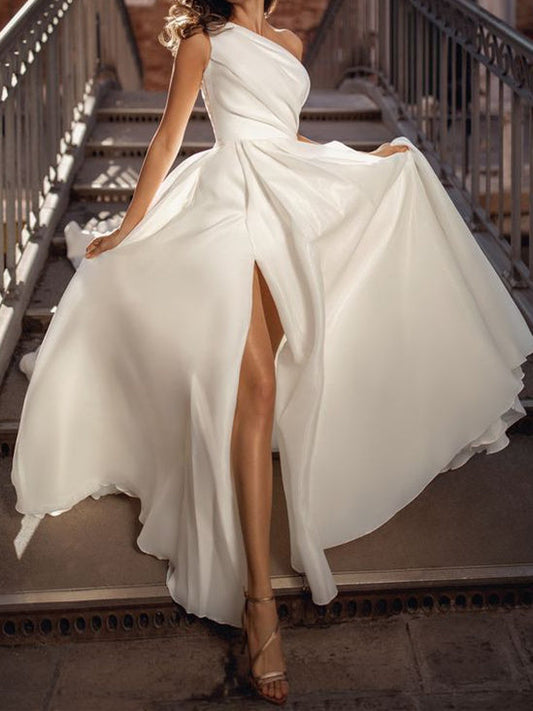 A-Line/Princess One-Shoulder Floor-Length Wedding Dress With Split Side