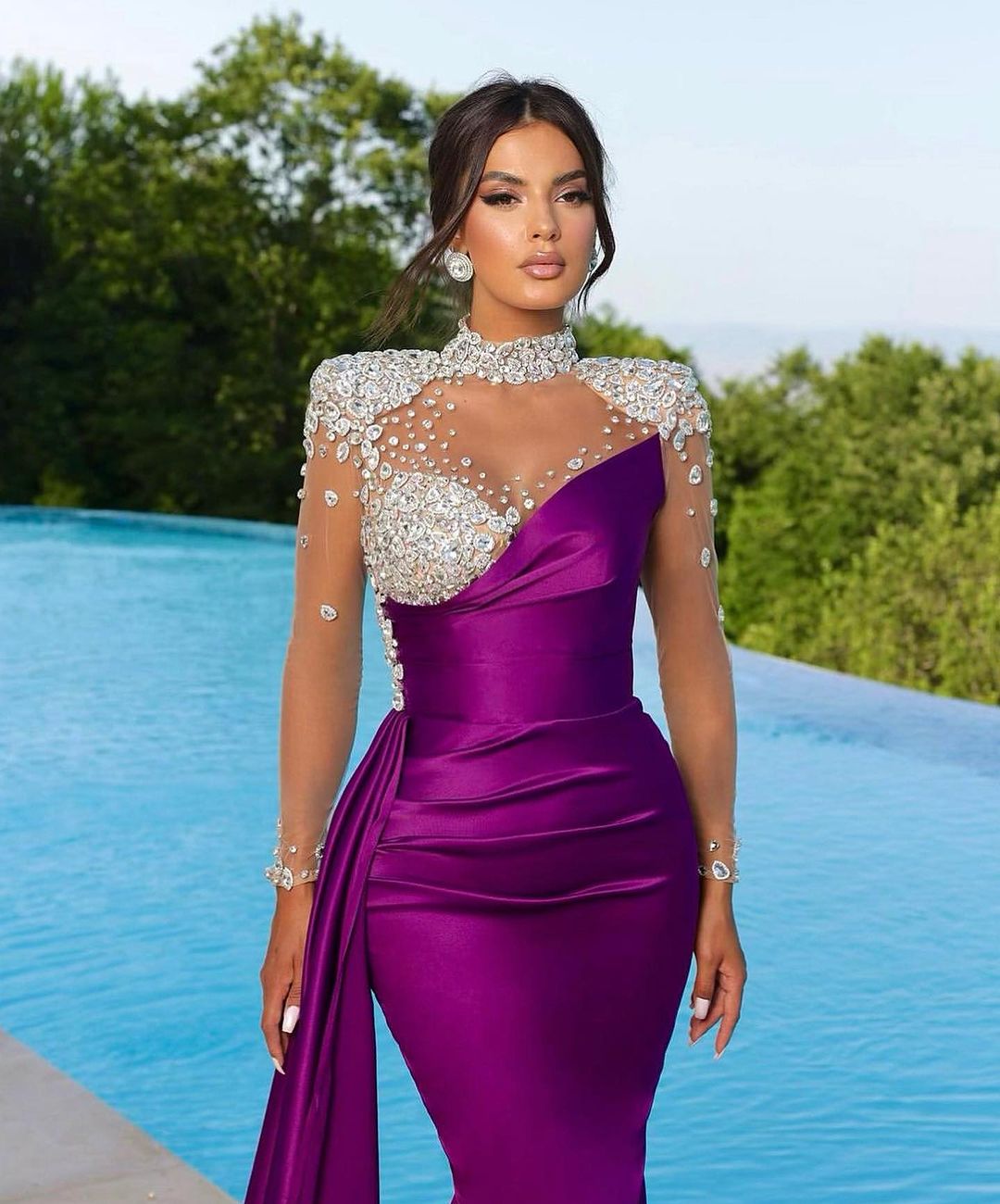 Prom Dress Long Mermaid Satin With Trail Beadings Long Sleeves Purple YL0236