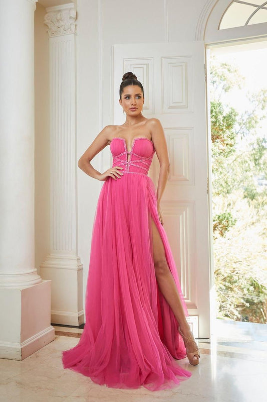 edgynewlook Exquisite Pink Tulle Strapless V Neck Sleeveless Long Prom Dress with Split