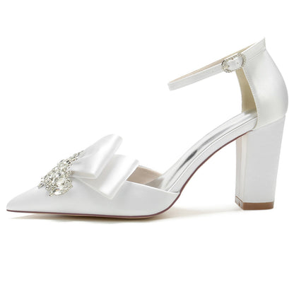 Women's Wedding Shoes Silk Satin Rhinestone Chunky Pointed Toe Buckle Bridal Shoes