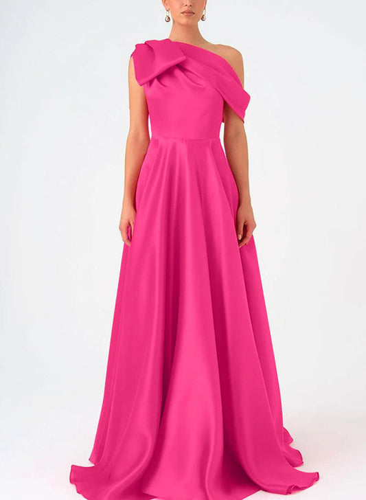 A-Line One-Shoulder Floor Length  Sleeveless Mother Of The Bride Dresses Prom Dress  Satin  With Bow(s)