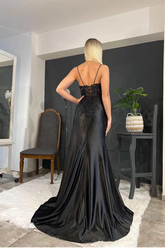 edgynewlook Black V Neck Spaghetti Strap Sleeveless Long Split Prom Dress with Embroidered