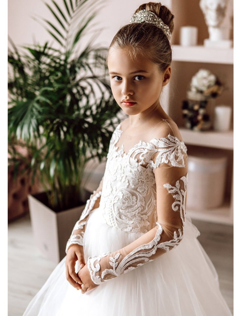 Ball-Gown Long Sleeves White Tulle Flower Girl Dresses with Lace Appliques