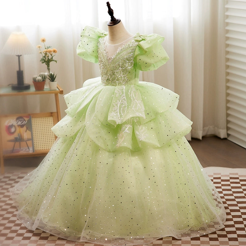 Ball Gown Puffy Short Sleeves Floor Length Girl Party Dress with Crystal Appliques