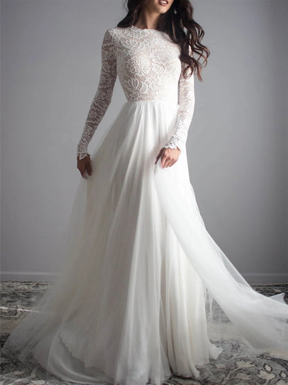 A-Line/Princess Scoop Floor-length Wedding Dress