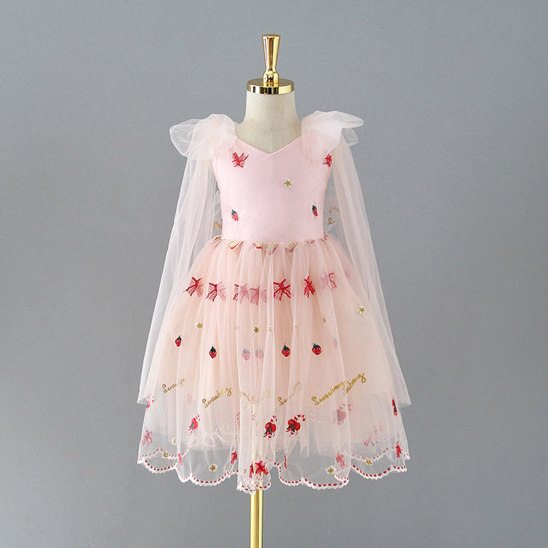 Tulle Knee-length Strawberry Embroidery Flower Girl Dress