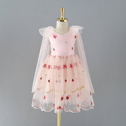 Tulle Knee-length Strawberry Embroidery Flower Girl Dress