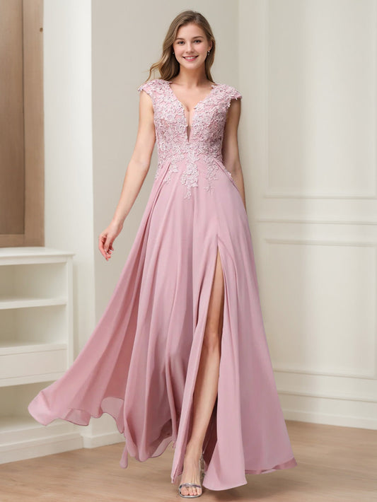 A-Line/Princess V-Neck Sleeveless Chiffon LongBridemaid Dresses With Applique Split Side