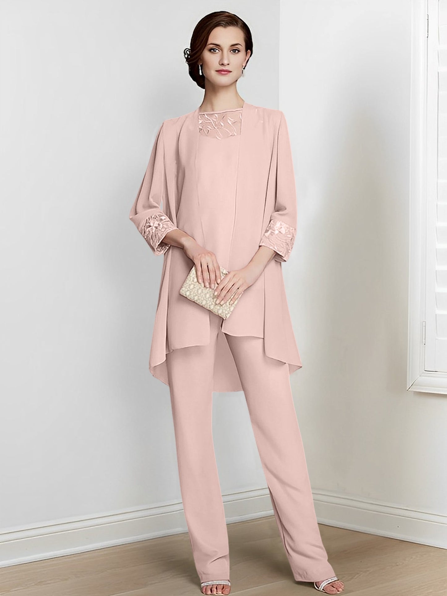 Chiffon Square Neck Long Sleeves Floor-Length Mother Of The Bride Pantsuits With Jacket