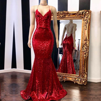 Red Spaghetti-Straps Mermaid Long Prom Dress With Sequins  PD0686