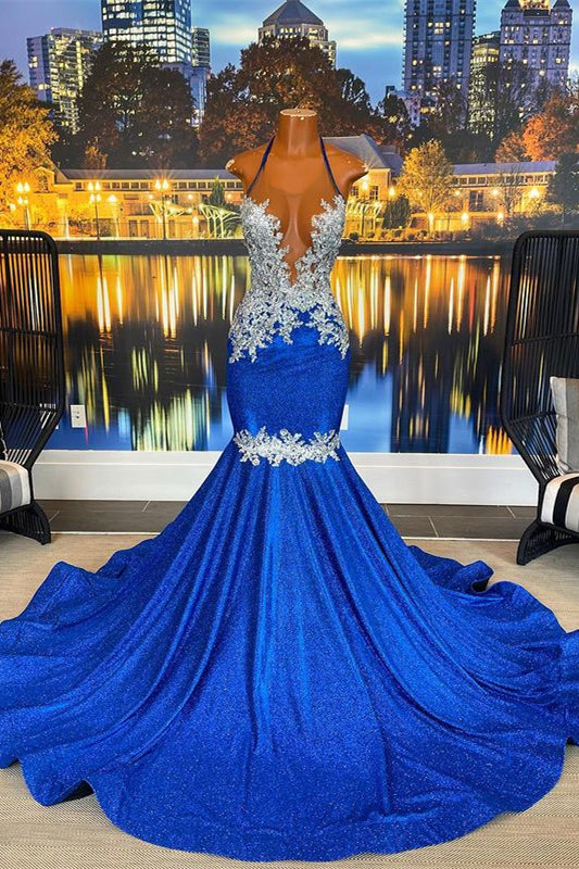 edgynewlook Halter Beautiful Royal Blue Mermaid Prom Dress With Appliques