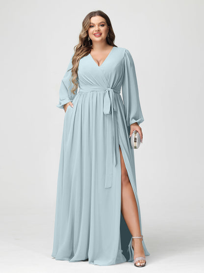 A-Line/Princess V-Neck Long Sleeves Chiffon Plus Size Bridesmaid Dresses with Pockets