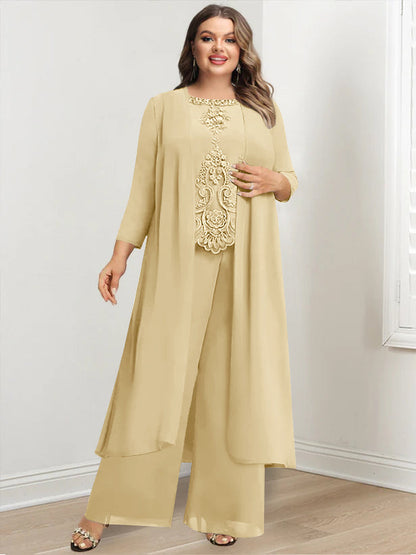 Chiffon Round Neck Floor-Length Plus Size Mother Of The Bride Pantsuits With Jacket & Applique