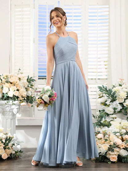 A-Line/Princess Halter Sleeveless Floor-Length Chiffon Bridesmaid Dresses with Ruched