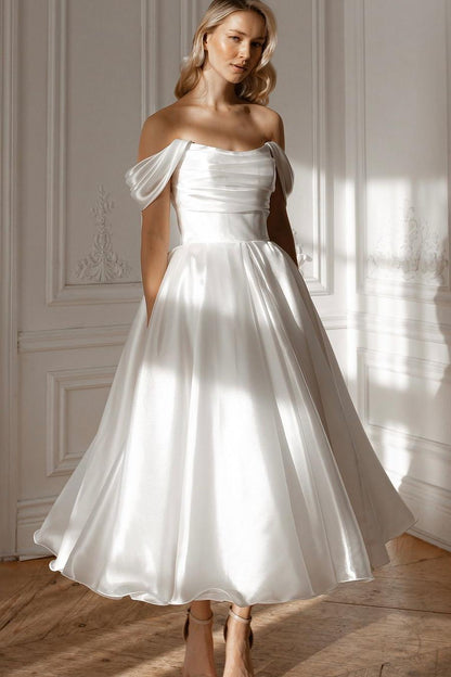 edgynewlook Exquisite White Satin Strapless Off the Shoulder A Line Prom Dress with Ruffles