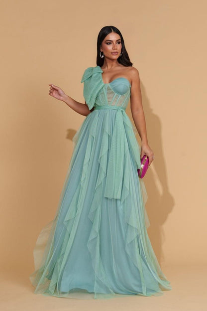 edgynewlook Glamorous Mint Tulle Sleeveless One Shoulder Long Prom Dress with Ruffles