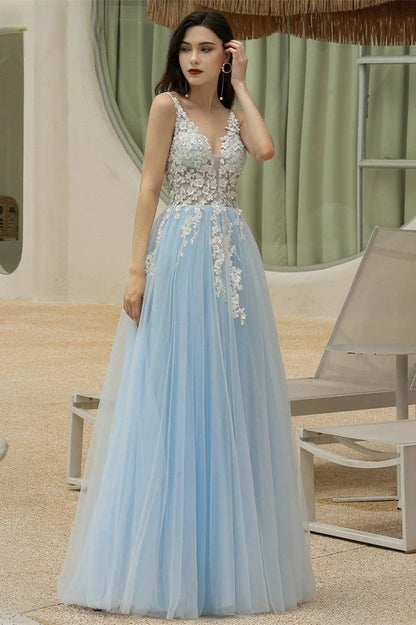 Edgynewlook Sky Blue Spaghetti-Straps Long Prom Dress With V-Neck Sweetheart Appliques