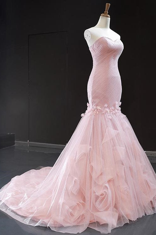 Edgynewlook Pink Sweetheart Mermaid Sleeveless Prom Dress With Tulle Ruffle Online