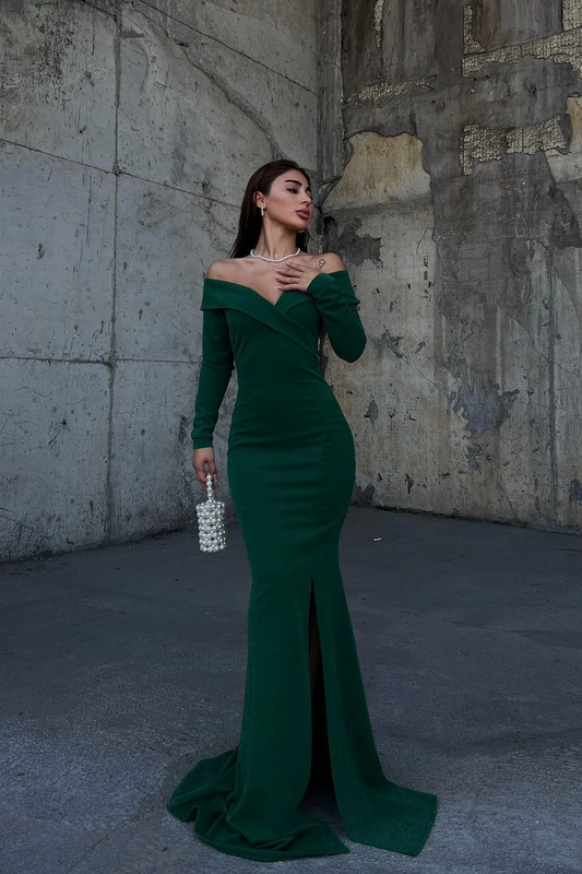 edgynewlook Stunning Dark Green Strapless Long Sleeves Deep V Neck Mermaid Prom Dress with Split