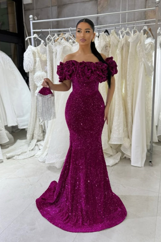 Orchid Off-The-Shoulder Velvet Sequins Mermaid Prom Dress ZT0544