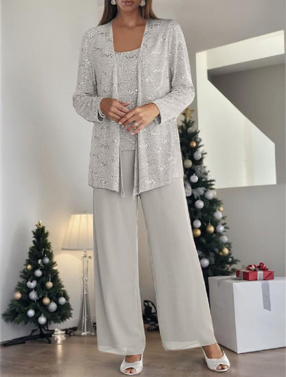 Chiffon Mother of the Bride Pantsuits with Jacket & Sequins