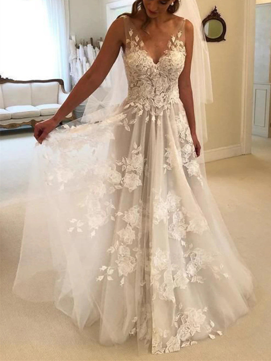 A-Line/Princess V-Neck Beach Wedding Dress with Appliques