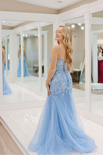 edgynewlook Exquisite Sky Blue Tulle Spaghtti Strap Sleeveless Prom Dress with Applique