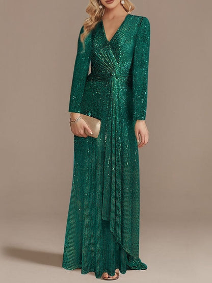 Mermaid/Trumpet V-Neck Long Sleeves Floor-Length Party Cocktail Dress with Sequins