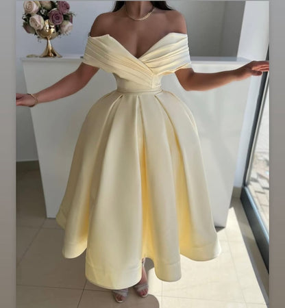 Elegant Ivory Off-The-Shoulder V-Neck Prom Dress ZT0486