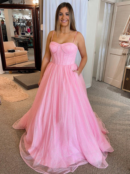 Julissa |A Line Glitter Tulle Prom Dress with Pockets