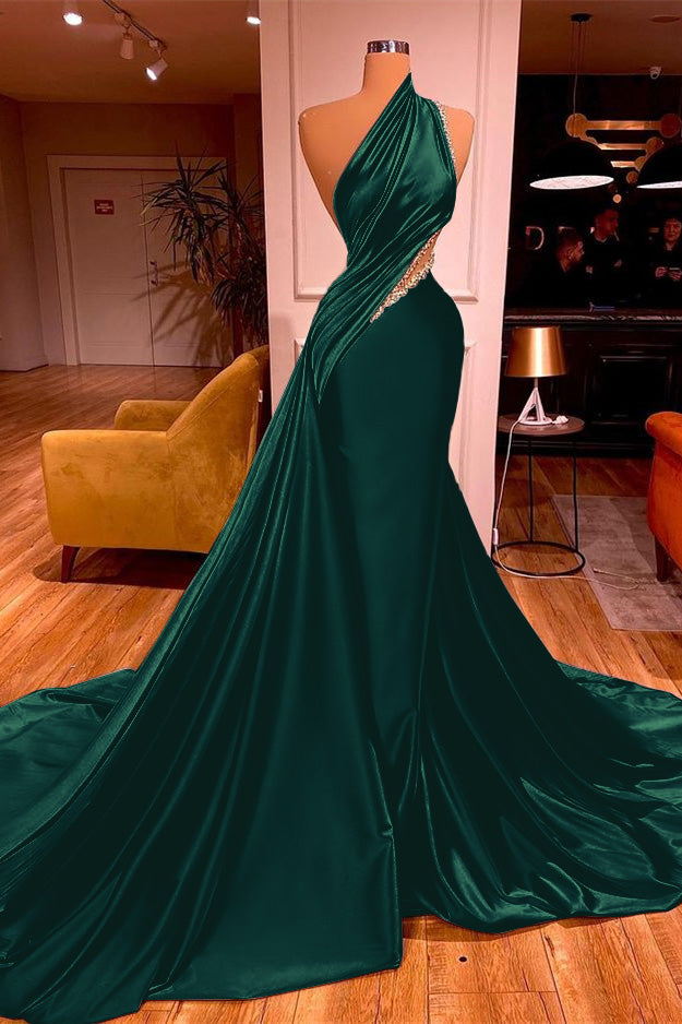 Okdais Elegant One Shoulder Prom Dress Long Mermaid Pleated Dress With Beads ED0018