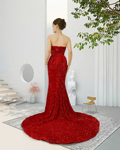 Red Sequins Prom Dress Sweetheart With High Slit Sleeveless YX00016