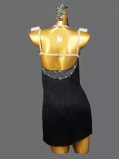 Latin Dance Dress Crystal/Rhinestone Tassel Splicing Women's Performance Training Sleeveless Spandex