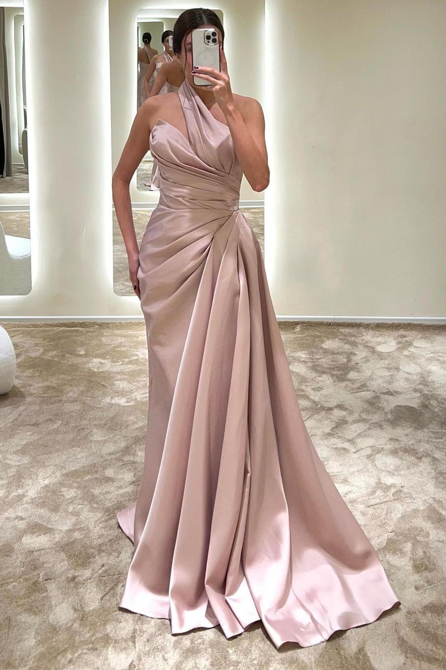 edgynewlook Charming Blush Pink Satin Sleeveless Strapless Halter Long Prom Dress with Pleated