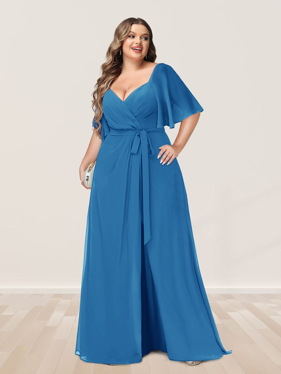 A-Line/Princess V-Neck Half Sleeves Plus Size Bridesmaid Dresses with Split Side