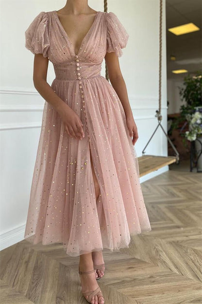 Elegant Taupe Pink V-Neck Short Sleeves Prom Dress With Sequins ED0351