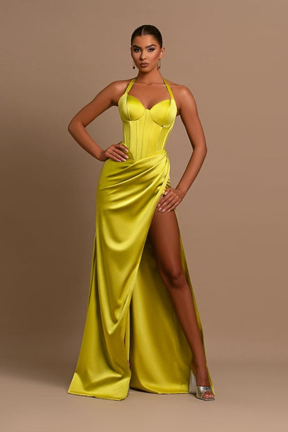 edgynewlook Fashionable Yellow Halter Neck Mermaid Prom Dress With Split