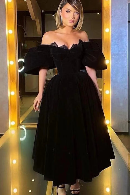 Black Off-The-Shoulder Bubble Sleeves Prom Dress With Lace ED0272