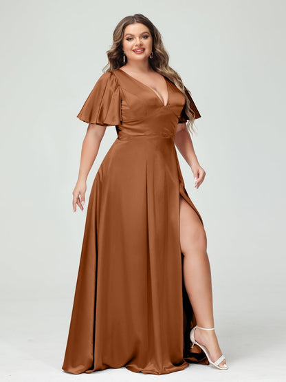 A-Line V-Neck Half Sleeves Silk Satin Plus Size Bridesmaid Dresses with Pockets