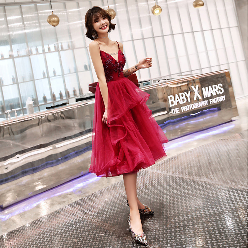 Burgundy tulle lace short prom dress, homecoming dress  8054