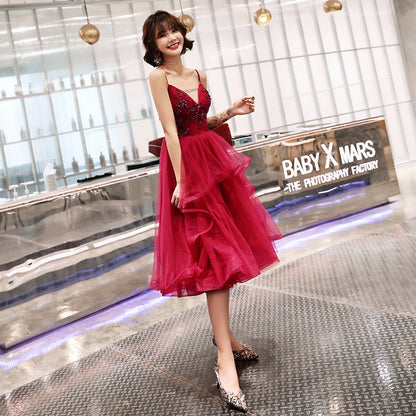 Burgundy tulle lace short prom dress, homecoming dress  8054