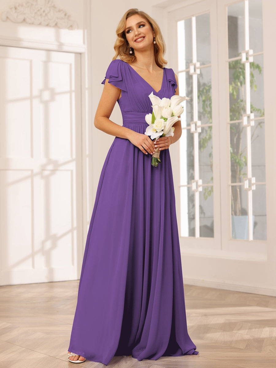 A-Line/Princess V-Neck Short Sleeves Long Bridesmaid Dresses with Ruffles