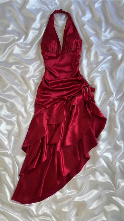 Hot Red Suspender Fashion Sexy Simple Mid-Length Satin Ruffle Elegant Ball Gown Evening Dress Party Dress Homecoming Dress gh3234