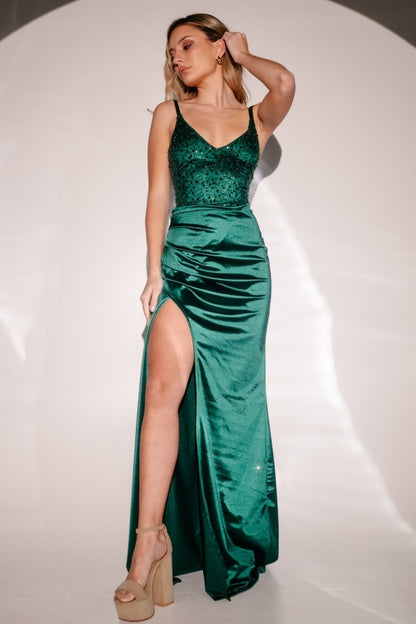 Ink Green Sequins Split Lace-up Prom Dress ZT0297