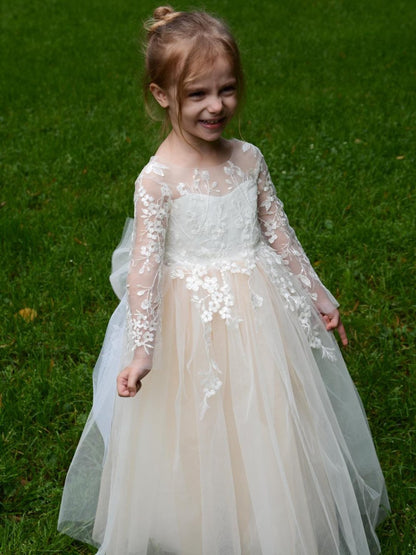 Ball Gown Round Neck Long Sleeves Flower Girl Dresses with Appliques