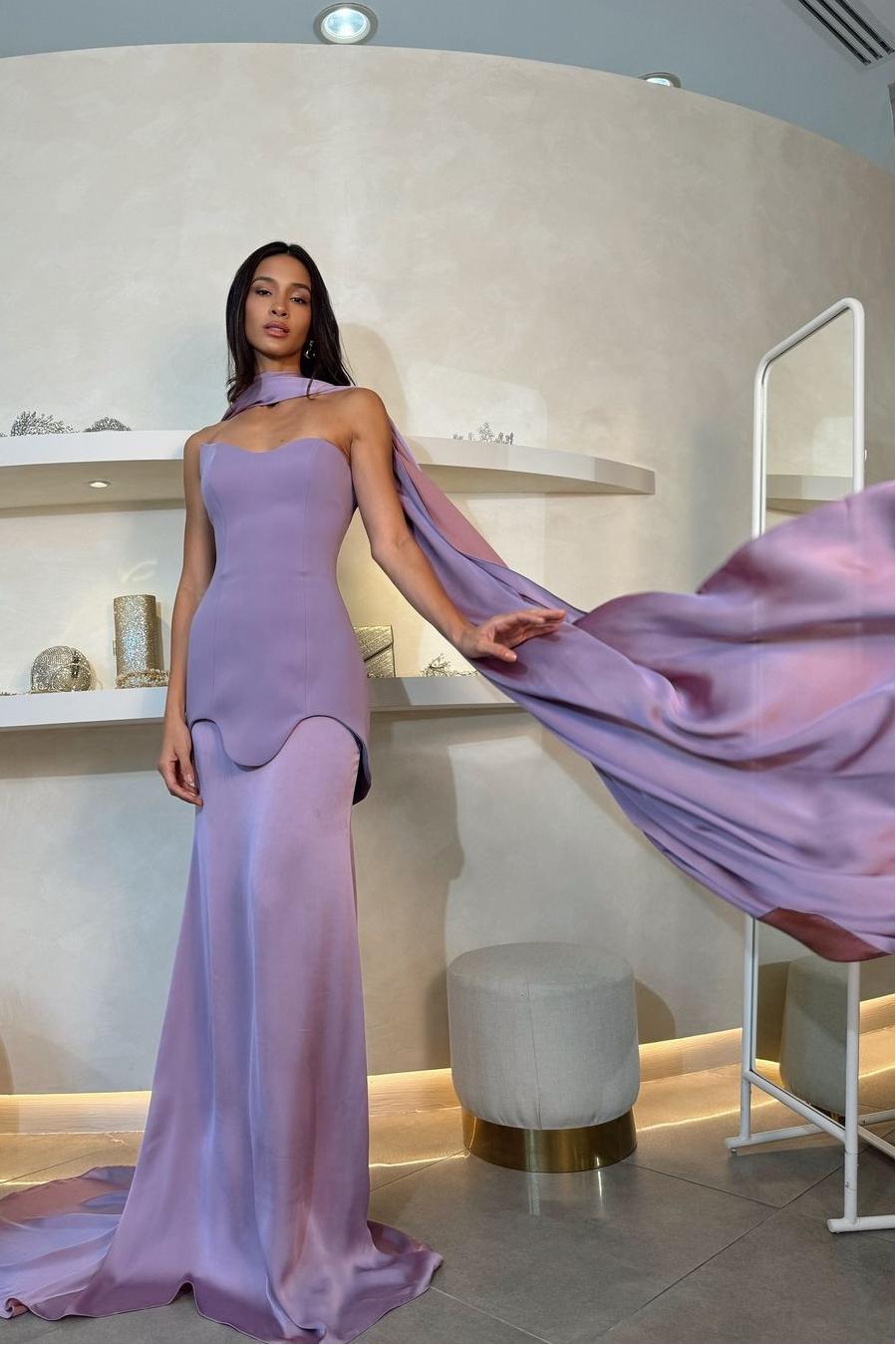 edgynewlook Amazing Purple Satin Strapless Sleeveless Long Slim Prom Dress with Scarf