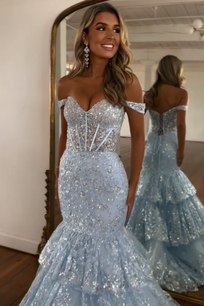 Lovely Light Blue Off-The-Shoulder Appliques Mermaid Prom Dress ZT0566