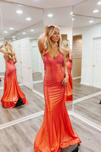 edgynewlook Shinning Orange Spaghtti Strap Sleeveless V Neck Mermaid Prom Dress with Beadings